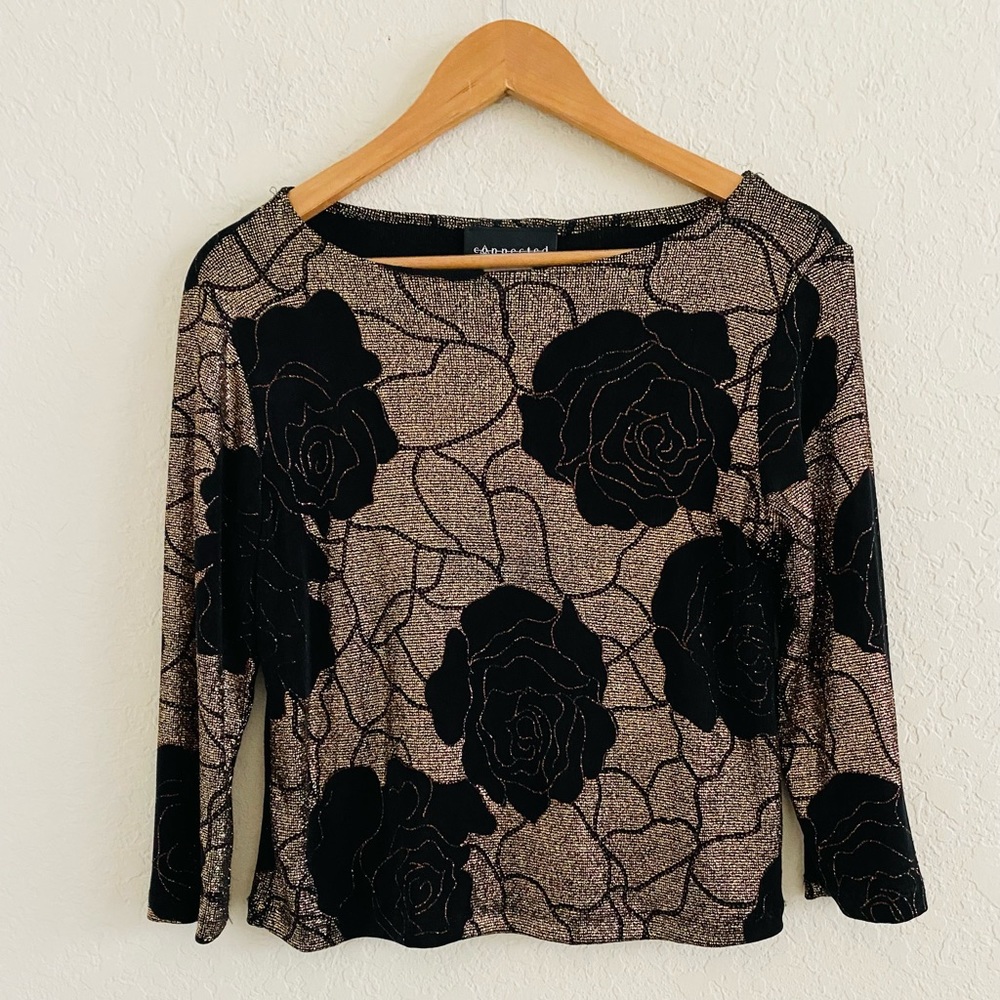 VTG Connected Top Glitter Floral Gold Black Acetate Women MP Glam Going Out USA